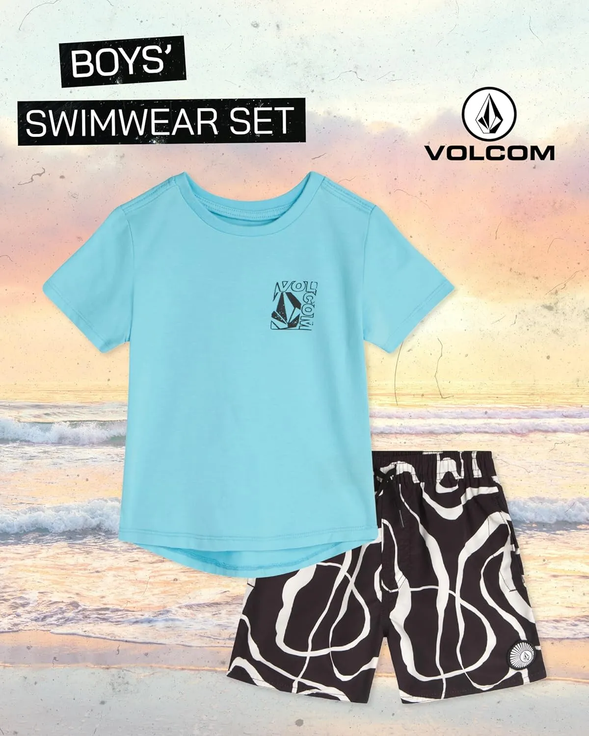 Volcom Boys Rash Guard Set - 2 Piece Short Sleeve T-Shirt and Board Shorts for Infant Toddler and Little Boys (Sizes: 2T-7)
