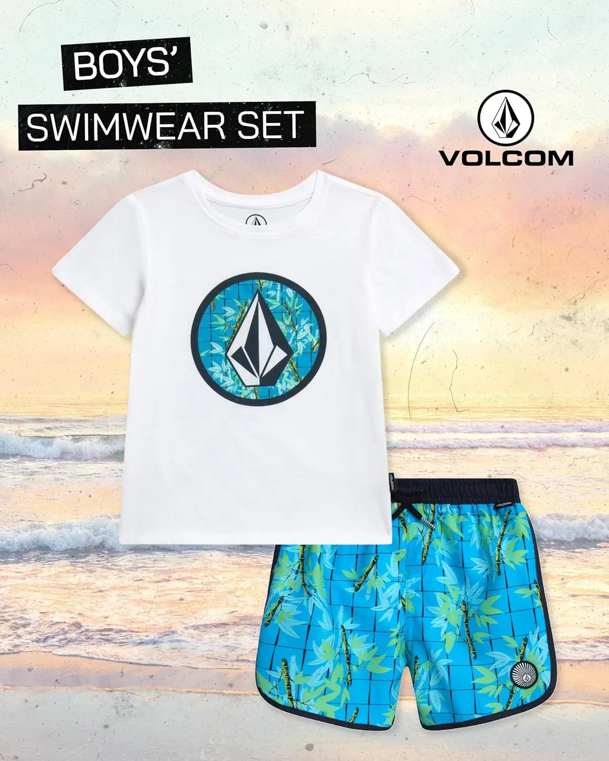 Volcom Boys Rash Guard Set - 2 Piece Short Sleeve T-Shirt and Board Shorts for Infant Toddler and Little Boys (Sizes: 2T-7)