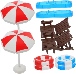 VOSAREA 2Sets Mini Swimming Pool Beach Chair Models Dollhouse Accessories for Imaginative Play Includes Miniature Swim Ring Furniture Decor for Fairy Garden
