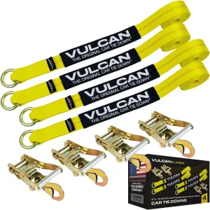 VULCAN Car Rim Tie Down System with Ratchets - 2 Inch x 144 Inch - 4 Pack - Classic Yellow - 3,300 Pound Safe Working Load
