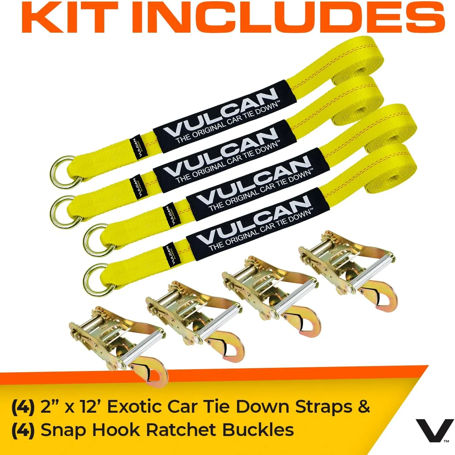 VULCAN Car Rim Tie Down System with Ratchets - 2 Inch x 144 Inch - 4 Pack - Classic Yellow - 3,300 Pound Safe Working Load