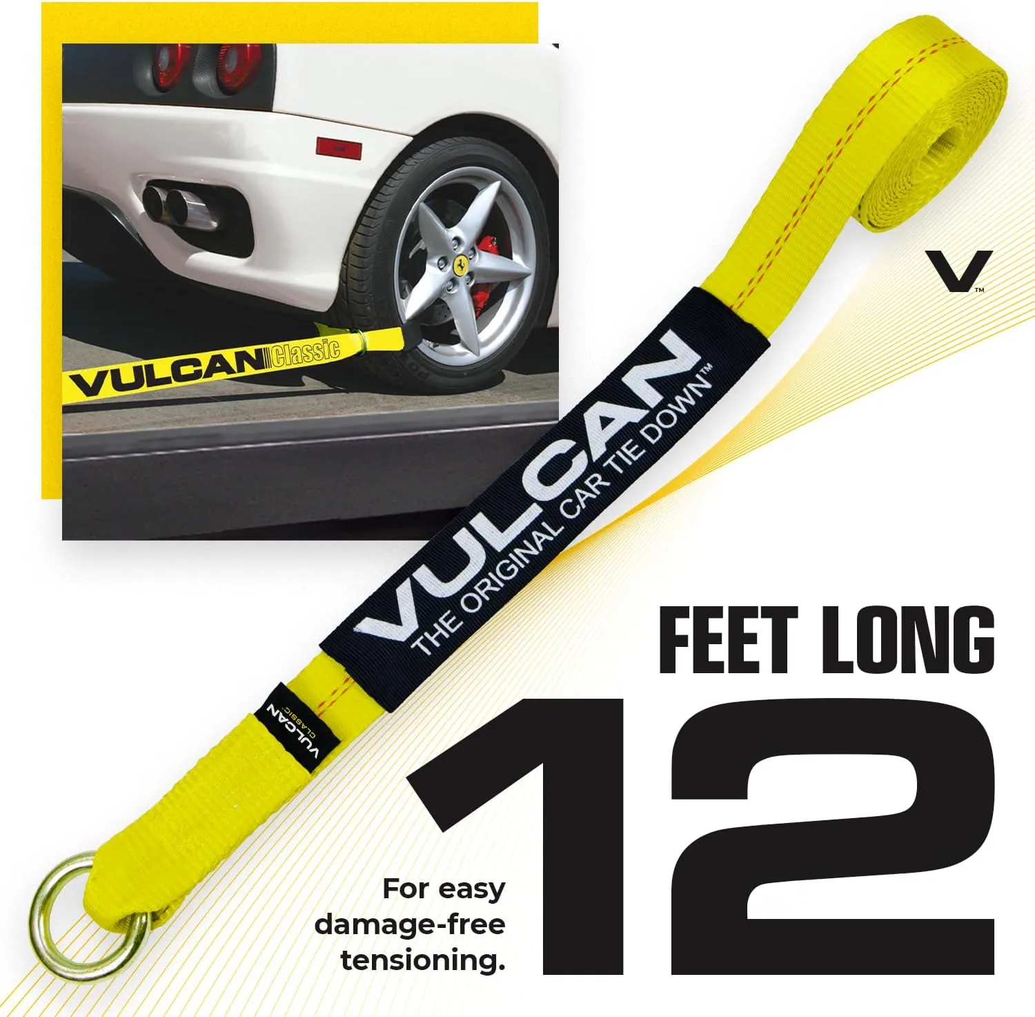 VULCAN Car Rim Tie Down System with Ratchets - 2 Inch x 144 Inch - 4 Pack - Classic Yellow - 3,300 Pound Safe Working Load