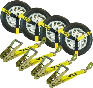 VULCAN Car Tie Down - Twisted Snap Hooks - Lasso Style - 2 Inch x 96 Inch - 4 Pack - Classic Yellow - 3,300 Pound Safe Working Load