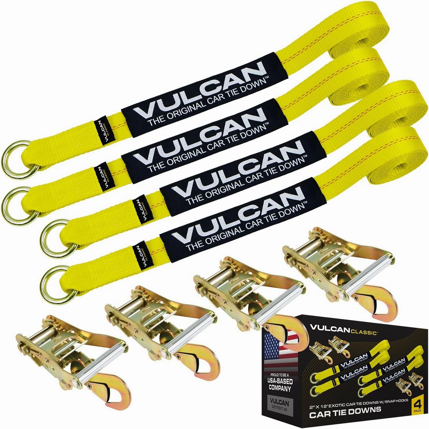 VULCAN Car Rim Tie Down System with Ratchets - 2 Inch x 144 Inch - 4 Pack - Classic Yellow - 3,300 Pound Safe Working Load