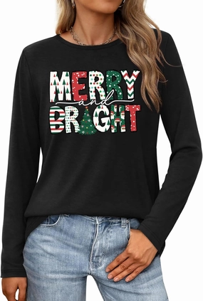 VVNTY Christmas Shirts for Women: Merry and Bright T Shirt Long Sleeve Christmas Tree Shirt Christmas Vacation Tees