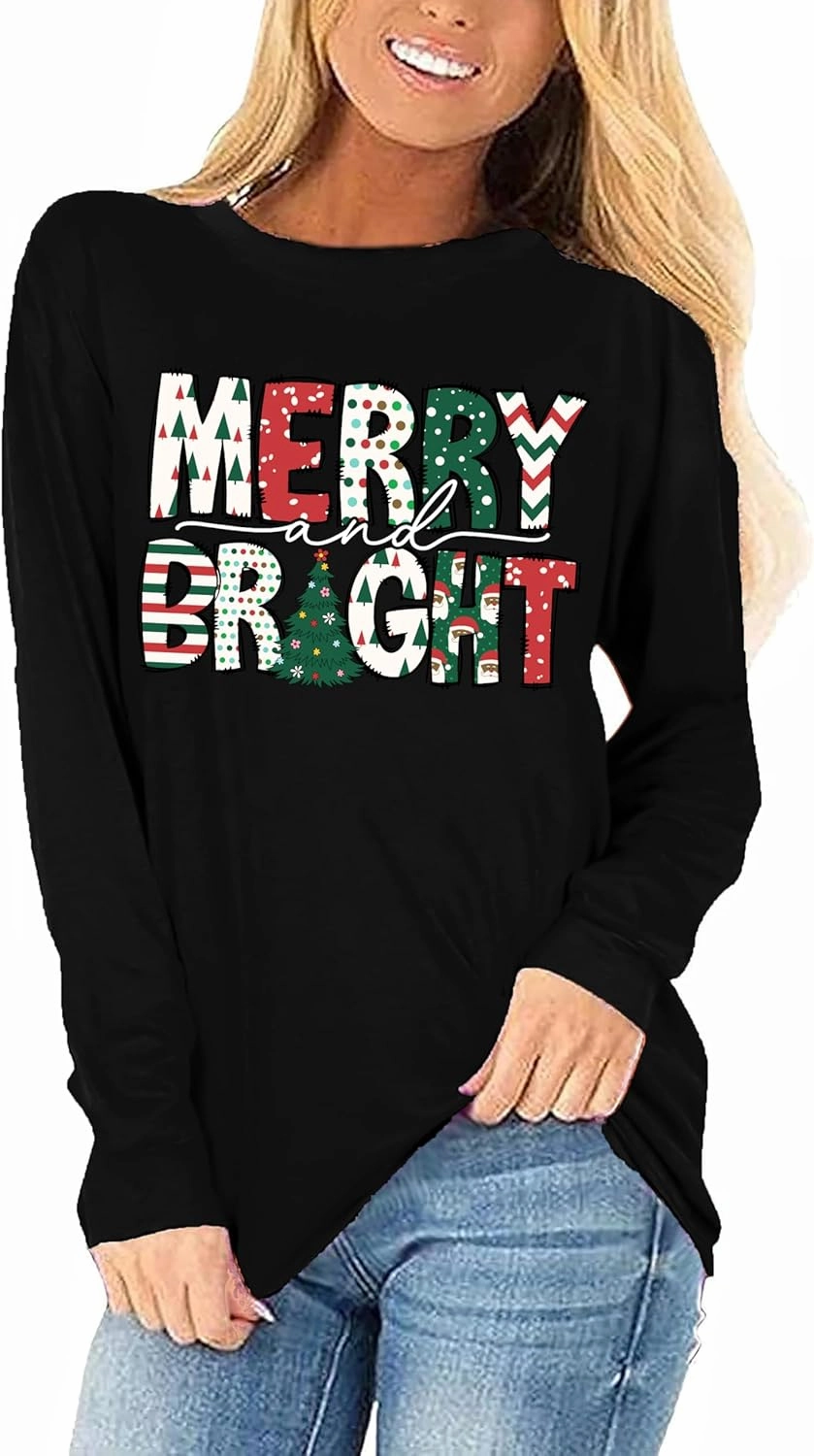 VVNTY Christmas Shirts for Women: Merry and Bright T Shirt Long Sleeve Christmas Tree Shirt Christmas Vacation Tees