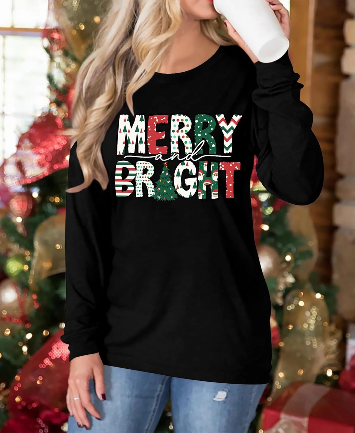 VVNTY Christmas Shirts for Women: Merry and Bright T Shirt Long Sleeve Christmas Tree Shirt Christmas Vacation Tees