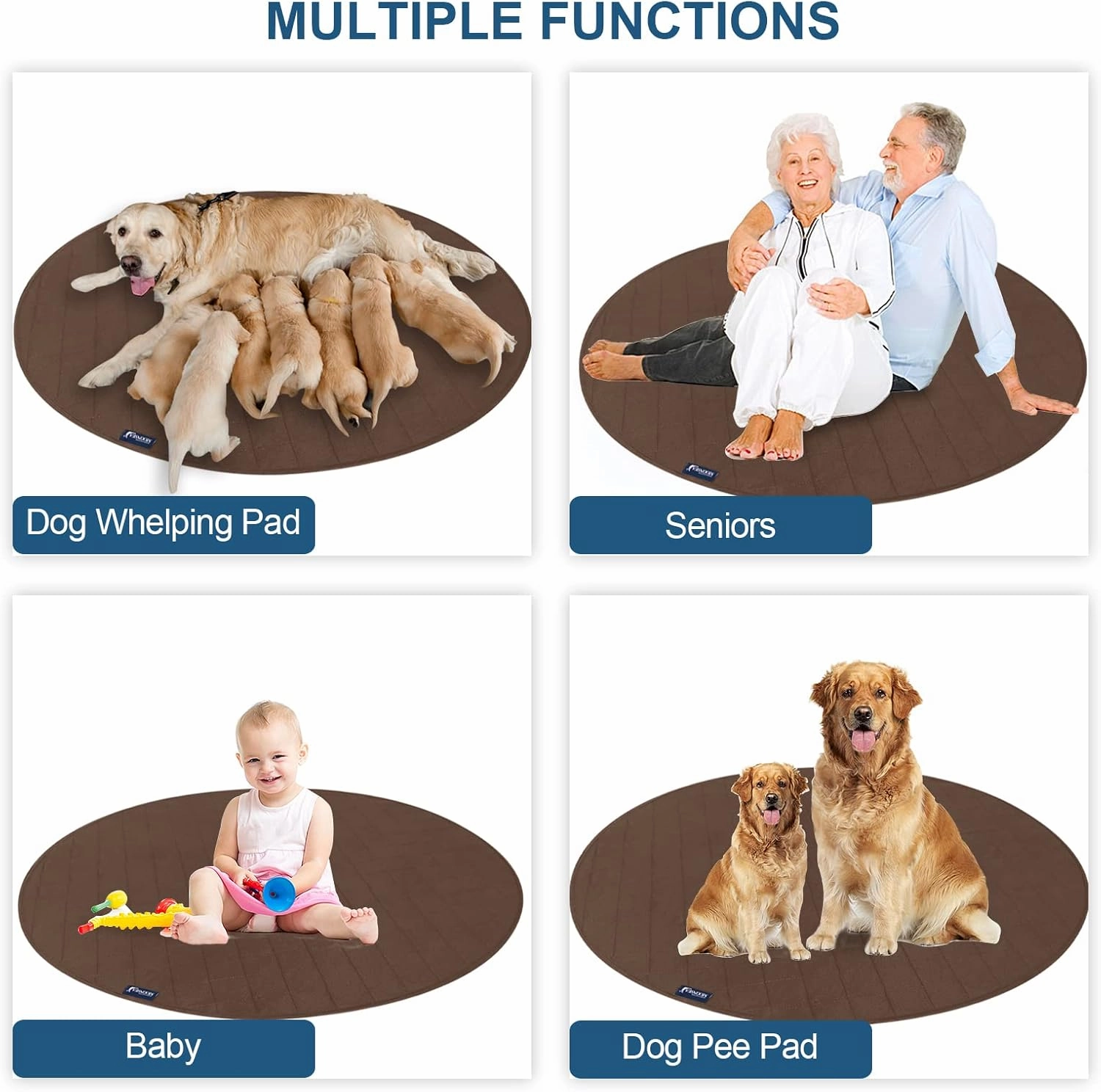 Washable Waterproof Reusable Pee Pads for Dogs, 36" Round Training Pads, Grey & Chocolate