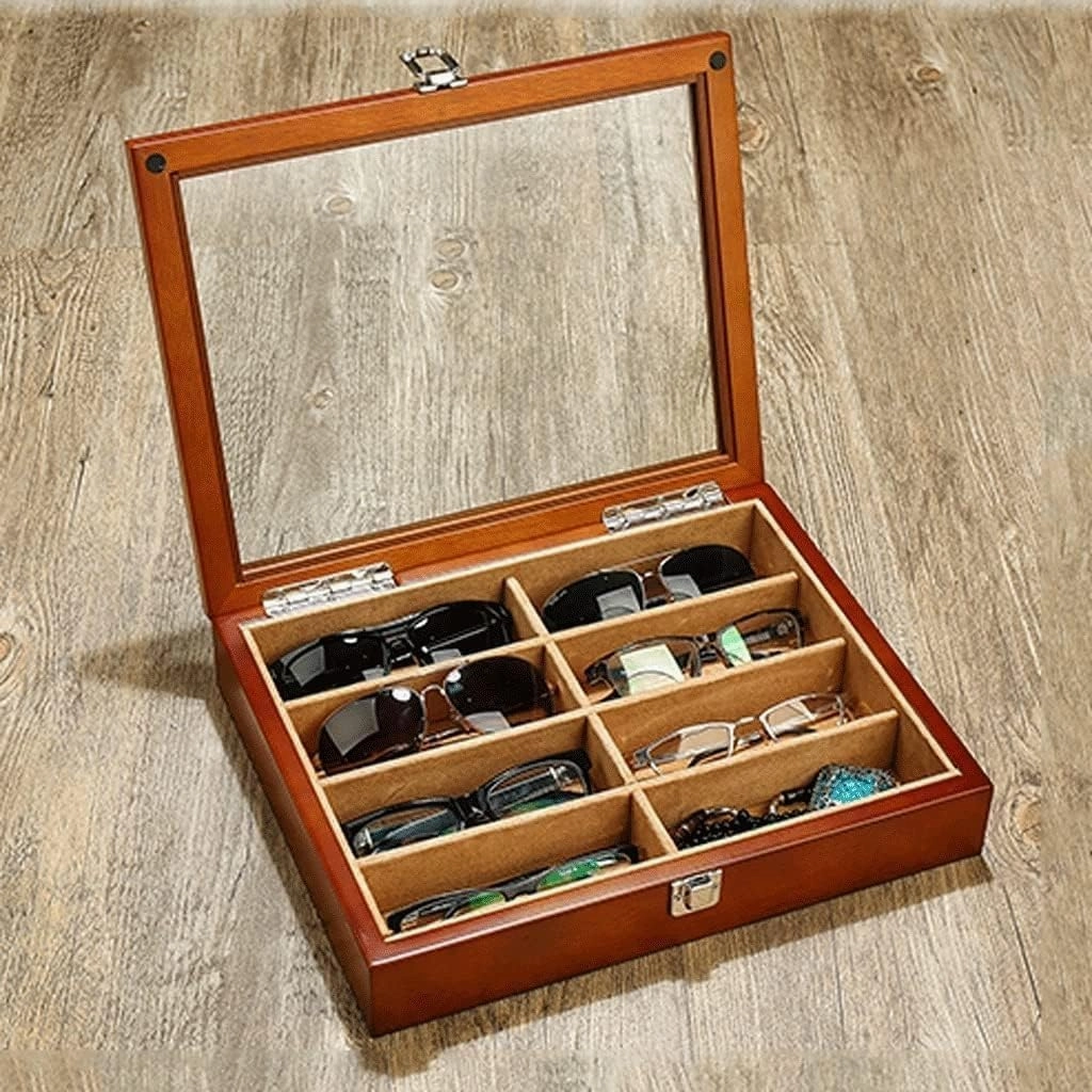Watch Box Case Glasses Wooden Jewelry Storage Transparent Cover Organiser Men(B)