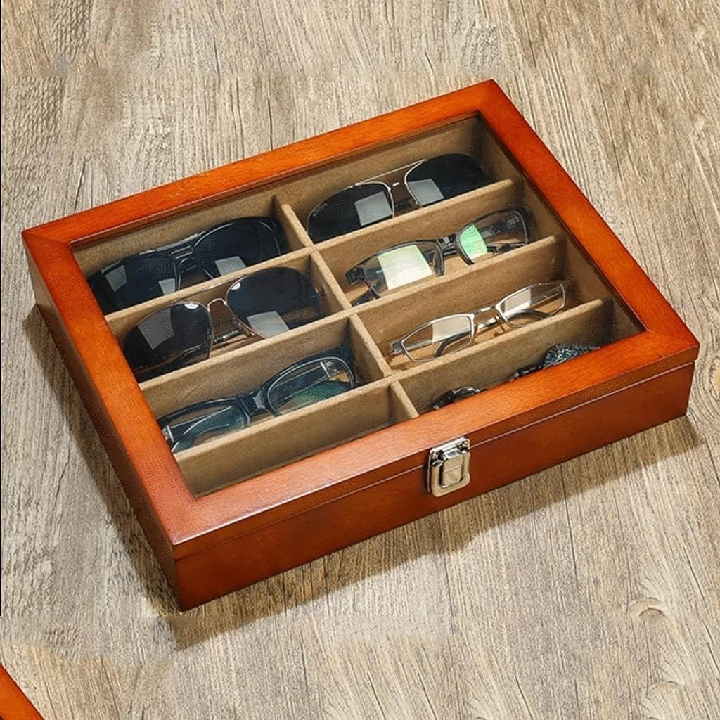 Watch Box Case Glasses Wooden Jewelry Storage Transparent Cover Organiser Men(B)