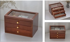 Watch Box Holder Jewelry Earrings Necklace Storage Desktop Solid Wood Glass Cover