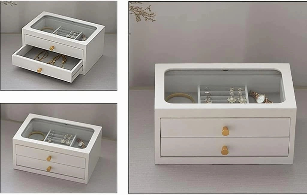 Watch Box Holder Jewelry Earrings Necklace Storage Desktop Solid Wood Glass Cover