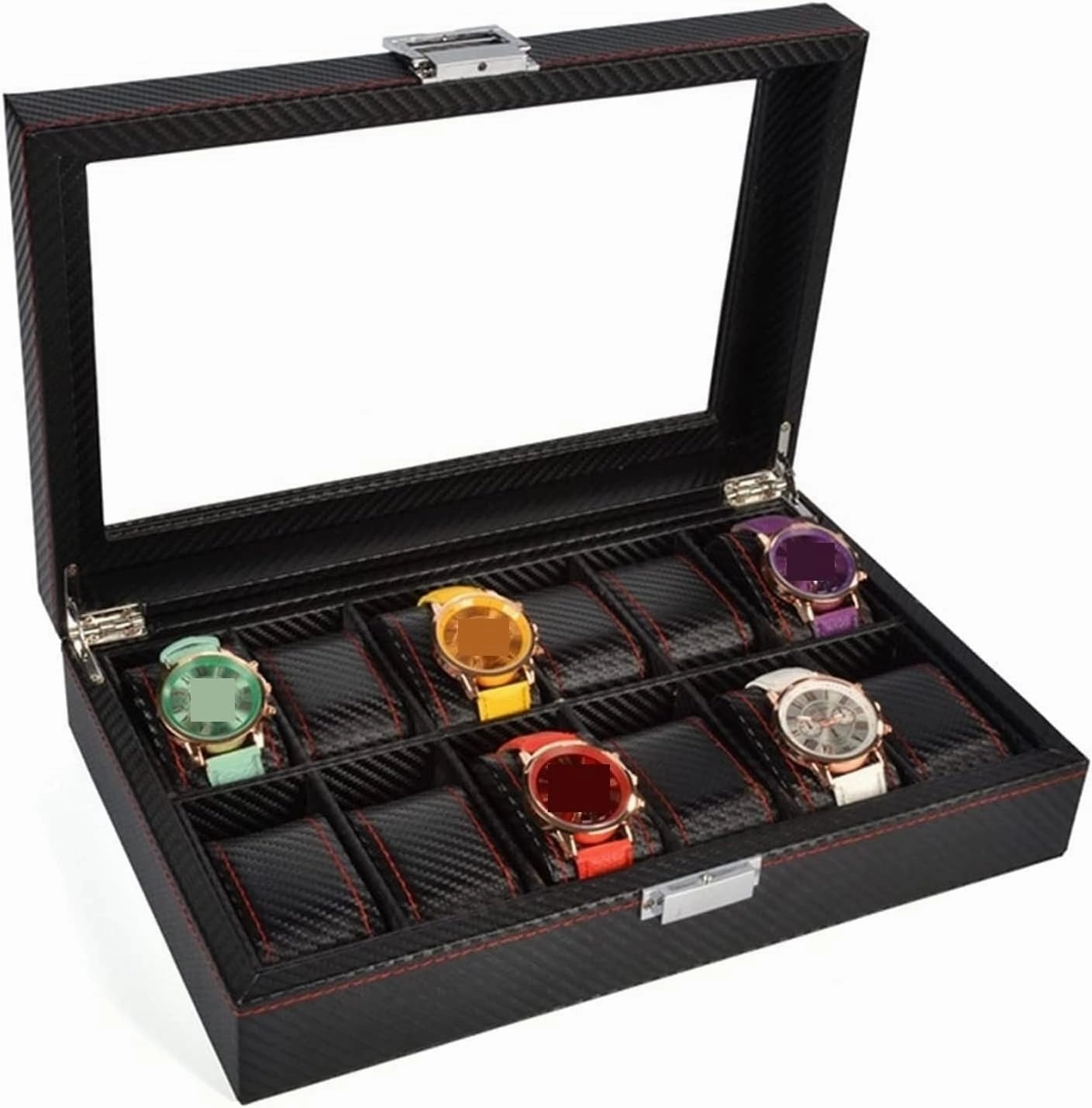 Watch Box Organizer Display Classic Carbon Fiber Design 12 Slots Metal Buckle Storage Case