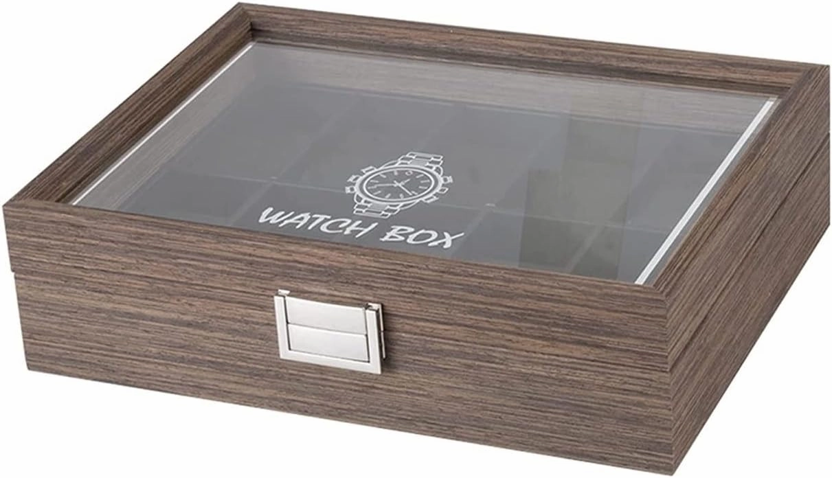Watch Case Watch Roll Classic Vintage Wood 10 Grids Watch Jewelry Display Storage Box Organizer Clear Lid Jewellery Holder Case Watch Box Watch Winder(Black-29.7 * 22.5 * 8.2cm)