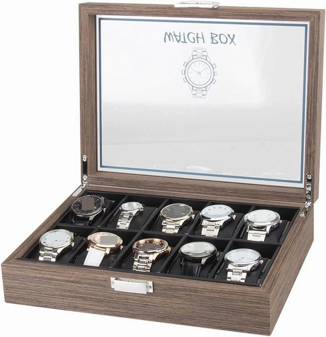 Watch Case Watch Roll Classic Vintage Wood 10 Grids Watch Jewelry Display Storage Box Organizer Clear Lid Jewellery Holder Case Watch Box Watch Winder(Black-29.7 * 22.5 * 8.2cm)