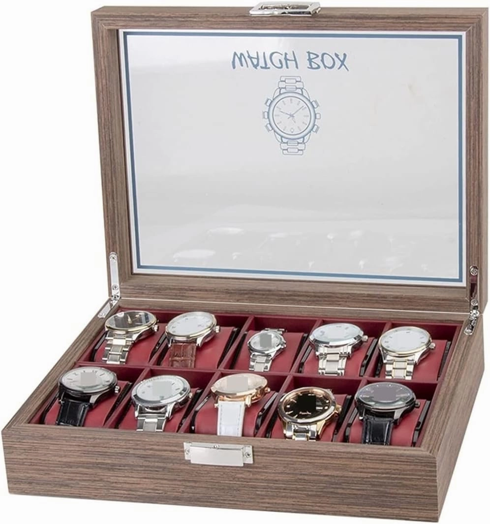 Watch Case Watch Roll Classic Vintage Wood 10 Grids Watch Jewelry Display Storage Box Organizer Clear Lid Jewellery Holder Case Watch Box Watch Winder(Red-29.7 * 22.5 * 8.2cm)