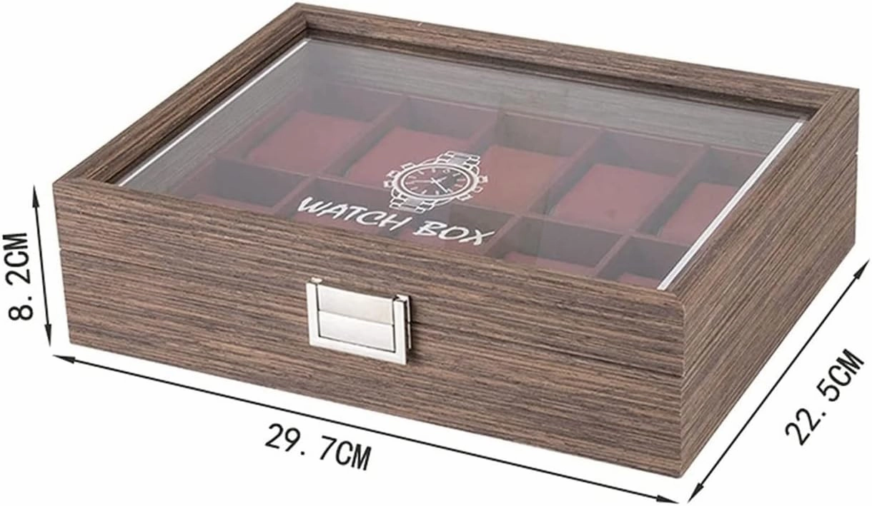 Watch Case Watch Roll Classic Vintage Wood 10 Grids Watch Jewelry Display Storage Box Organizer Clear Lid Jewellery Holder Case Watch Box Watch Winder(Red-29.7 * 22.5 * 8.2cm)