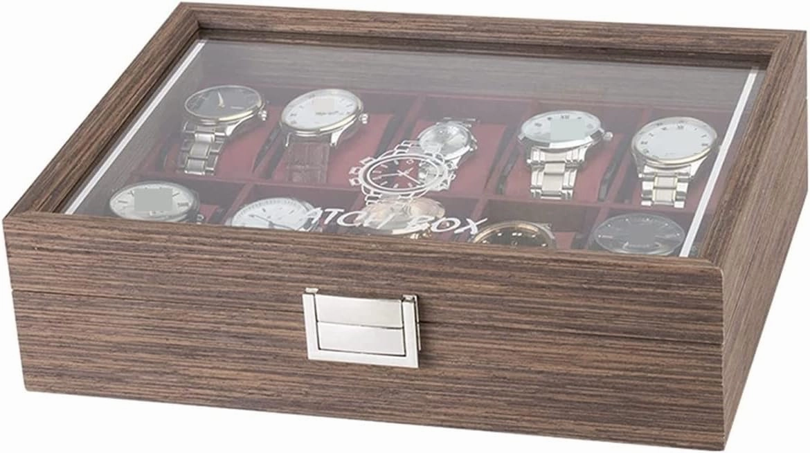 Watch Case Watch Roll Classic Vintage Wood 10 Grids Watch Jewelry Display Storage Box Organizer Clear Lid Jewellery Holder Case Watch Box Watch Winder(Red-29.7 * 22.5 * 8.2cm)