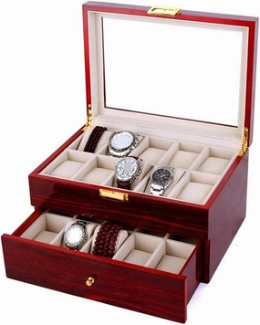 Watch Case Watch Roll Watch Winder Wood 20 Slots Watch Box Organizer Bracelet Display Holder Metal Hinge Clear Top Lockable Storage Case Watch Box Watch Organizer, 29*20.5*9cm, Red