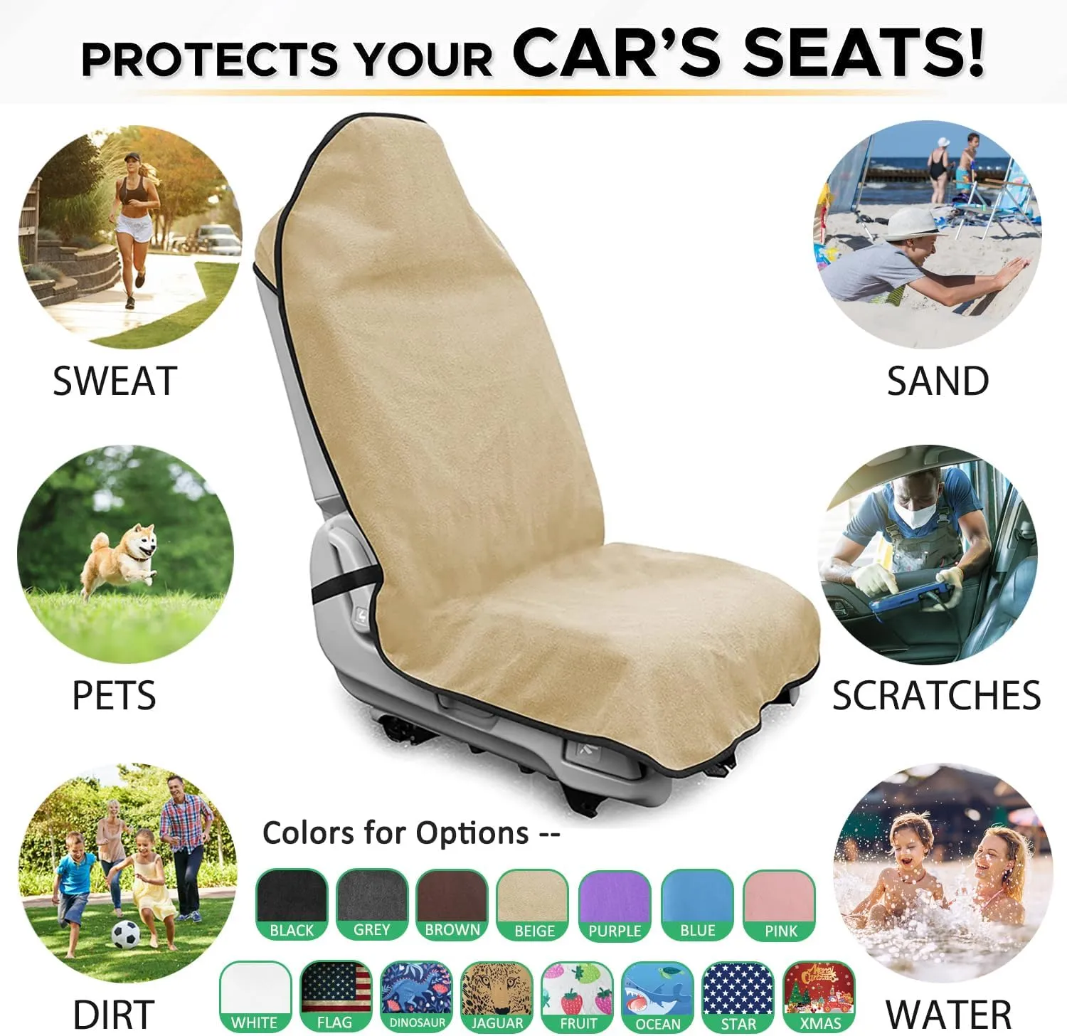 Waterproof Sweating Car Seat Cover for Post Gym Workout, Running, Swimming, Beach and Hiking, Universal Fit Non-Slip Bucket Seat Protector for Cars SUV Trucks, Machine Washable (2pcs Off-White)