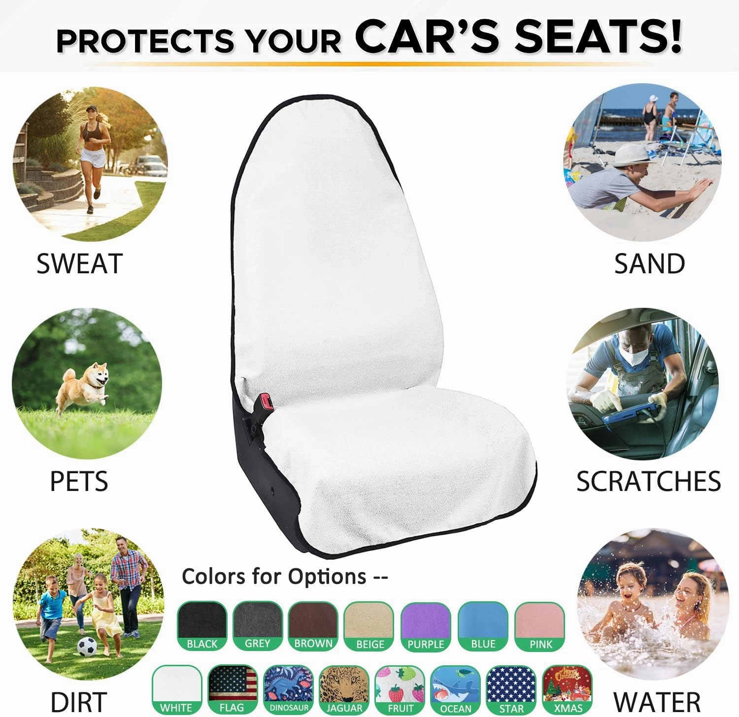 Waterproof Sweating Car Seat Cover for Post Gym Workout, Running, Swimming, Beach and Hiking, Universal Fit Non-Slip Bucket Seat Protector for Cars SUV Trucks, Machine Washable (2pcs White)