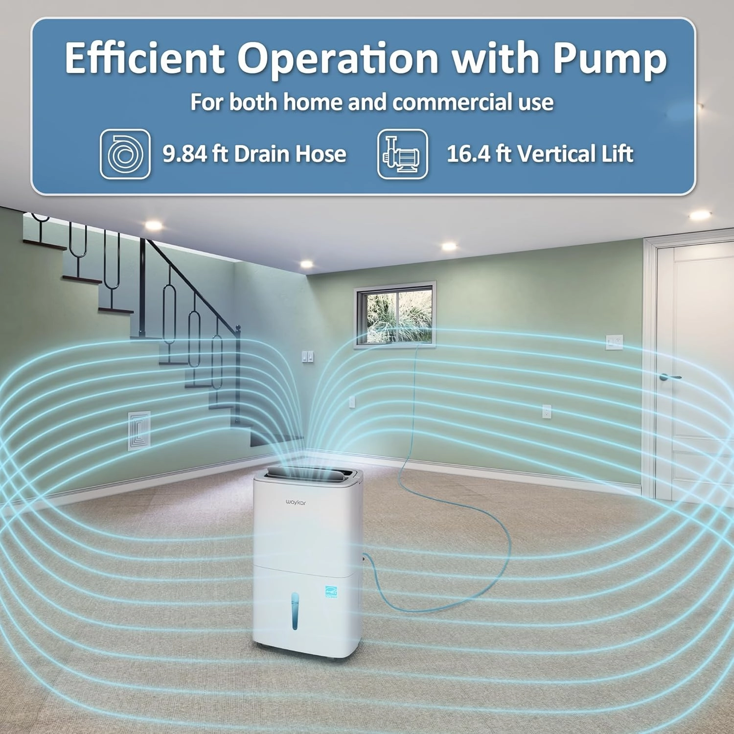 Waykar 150 Pints Energy Star Dehumidifier with Pump for Spaces up to 7,000 Sq. Ft at Commercial and Industrial Large Room, Warehouse, Home, Basement, Bedroom with Drain Hose, Auto Defrost, Self-Drying
