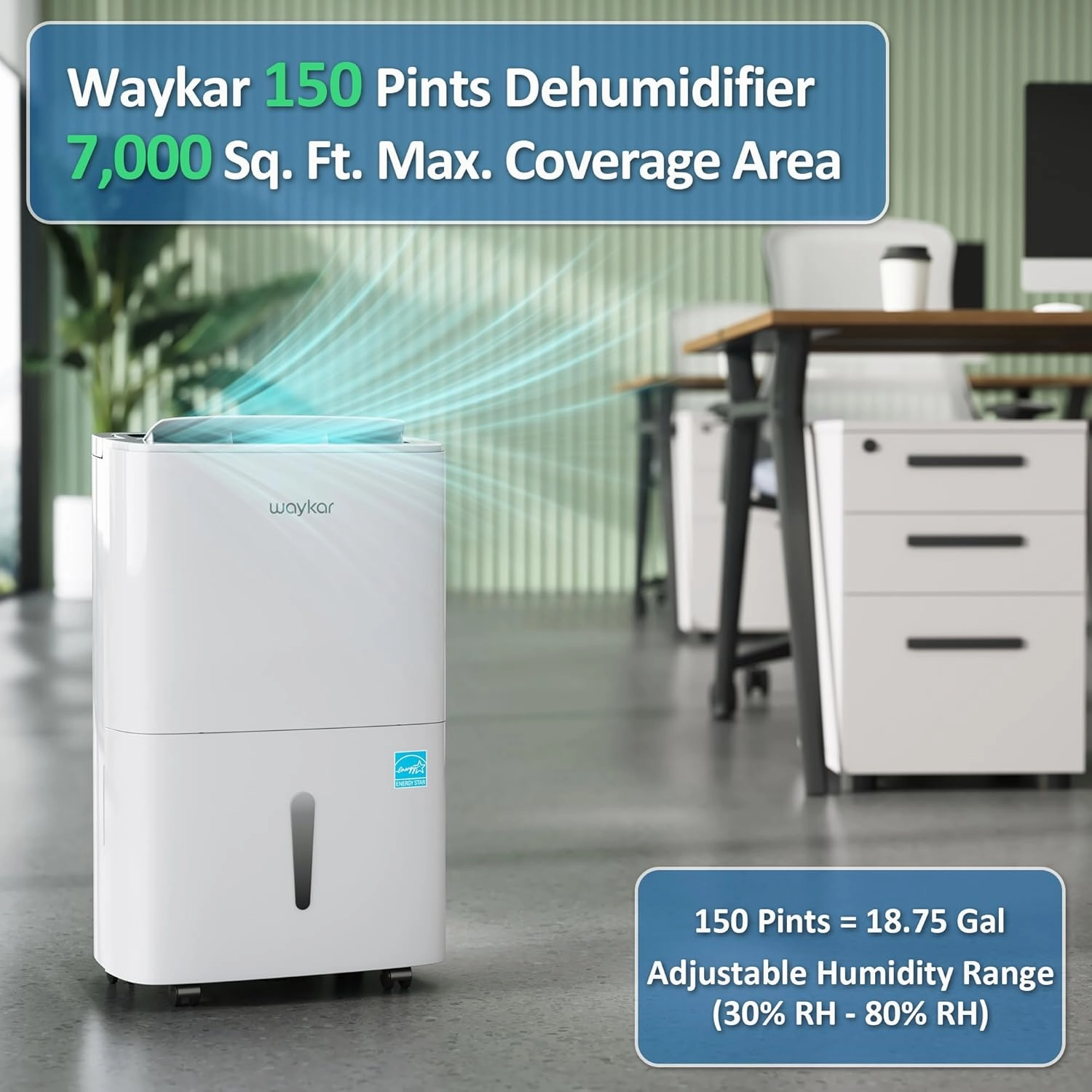 Waykar 150 Pints Energy Star Dehumidifier with Pump for Spaces up to 7,000 Sq. Ft at Commercial and Industrial Large Room, Warehouse, Home, Basement, Bedroom with Drain Hose, Auto Defrost, Self-Drying