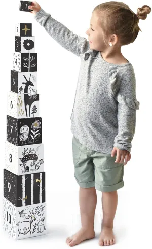 Wee Gallery Nesting Blocks - Woodland Animals and Numbers, Black and White Stacking and Building Toy for Toddlers and Kids, Motor Skills, Creative Play and Problem Solving for Children (Age 2 and up)