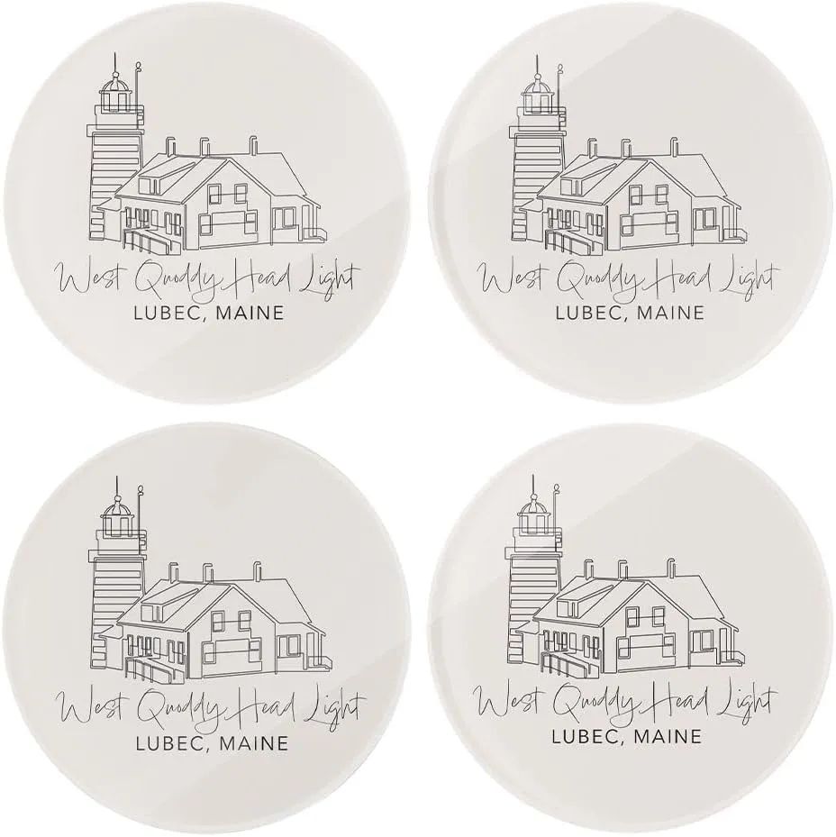West Quoddy Head Light Muted Coastal, Joyride Home Decor, 4 Glass Coasters, 4-Inch Circle Drink Coasters, Set of 4, Non-Slip Cork Back, Protects Surfaces, Express Your Style.