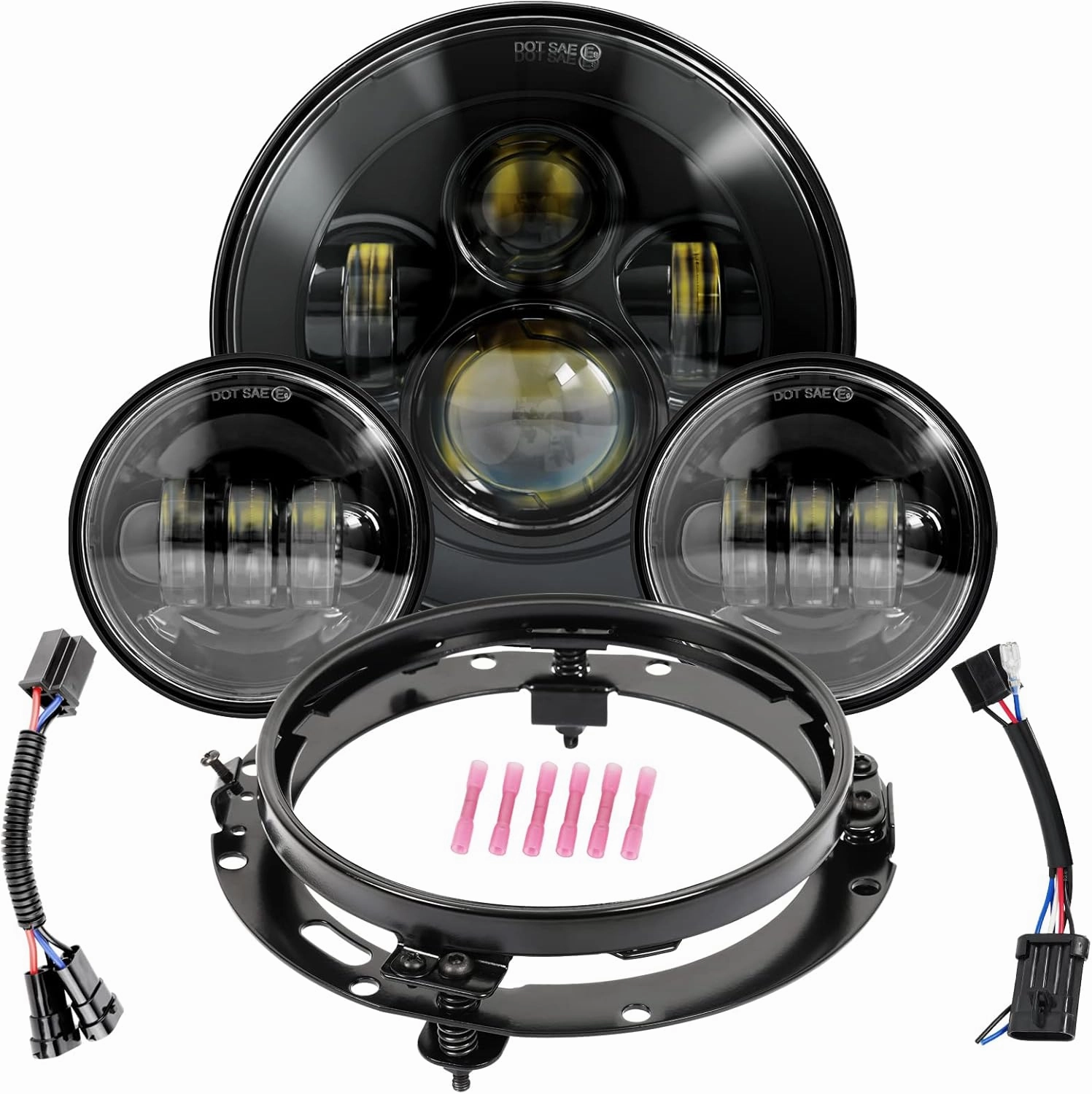 Wisamic Motorcycle LED Headlight 7inch, 4.5 inch Passing Lamps Fog Lights and Mounting Ring, Compatible with Harley Davidson Road King Ultra Classic Electra Street Glide Softail Deluxe Fatboy (Black)