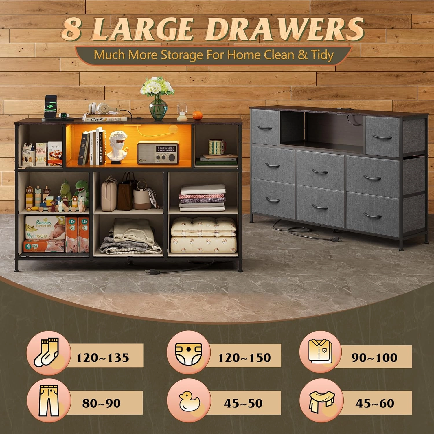 WLIVE Dresser for Bedroom, TV Stand for Bedroom for 55 inch TV with Charging Station and LED Lights, Fabric Chest of Drawers with Open Shelves, 8 Drawers Dressers for Living Room, Closet, Dark Grey