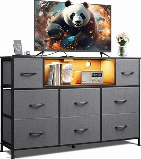 WLIVE Dresser for Bedroom, TV Stand for Bedroom for 55 inch TV with Charging Station and LED Lights, Fabric Chest of Drawers with Open Shelves, 8 Drawers Dressers for Living Room, Closet, Dark Grey