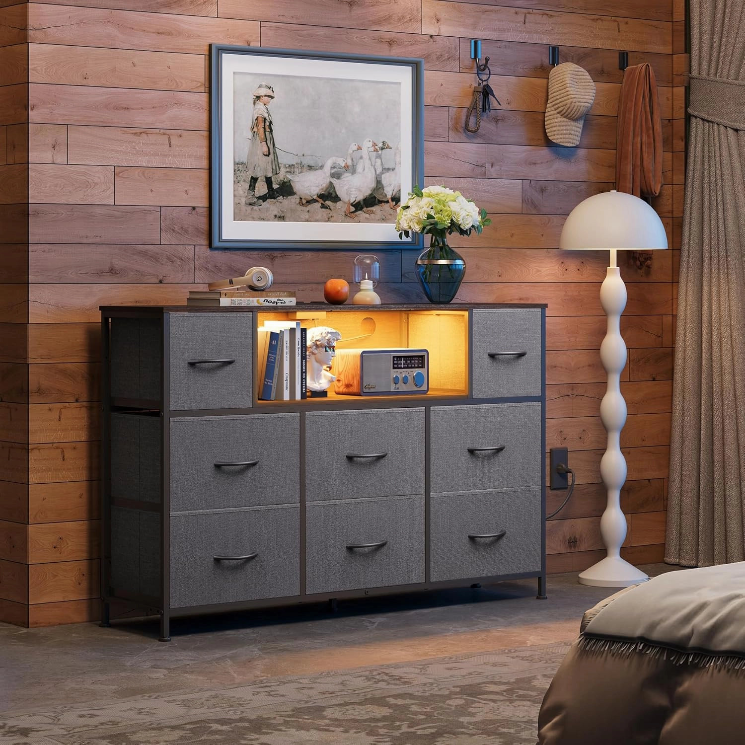 WLIVE Dresser for Bedroom, TV Stand for Bedroom for 55 inch TV with Charging Station and LED Lights, Fabric Chest of Drawers with Open Shelves, 8 Drawers Dressers for Living Room, Closet, Dark Grey