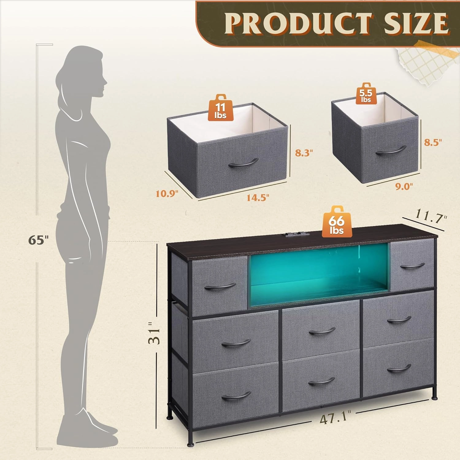 WLIVE Dresser for Bedroom, TV Stand for Bedroom for 55 inch TV with Charging Station and LED Lights, Fabric Chest of Drawers with Open Shelves, 8 Drawers Dressers for Living Room, Closet, Dark Grey