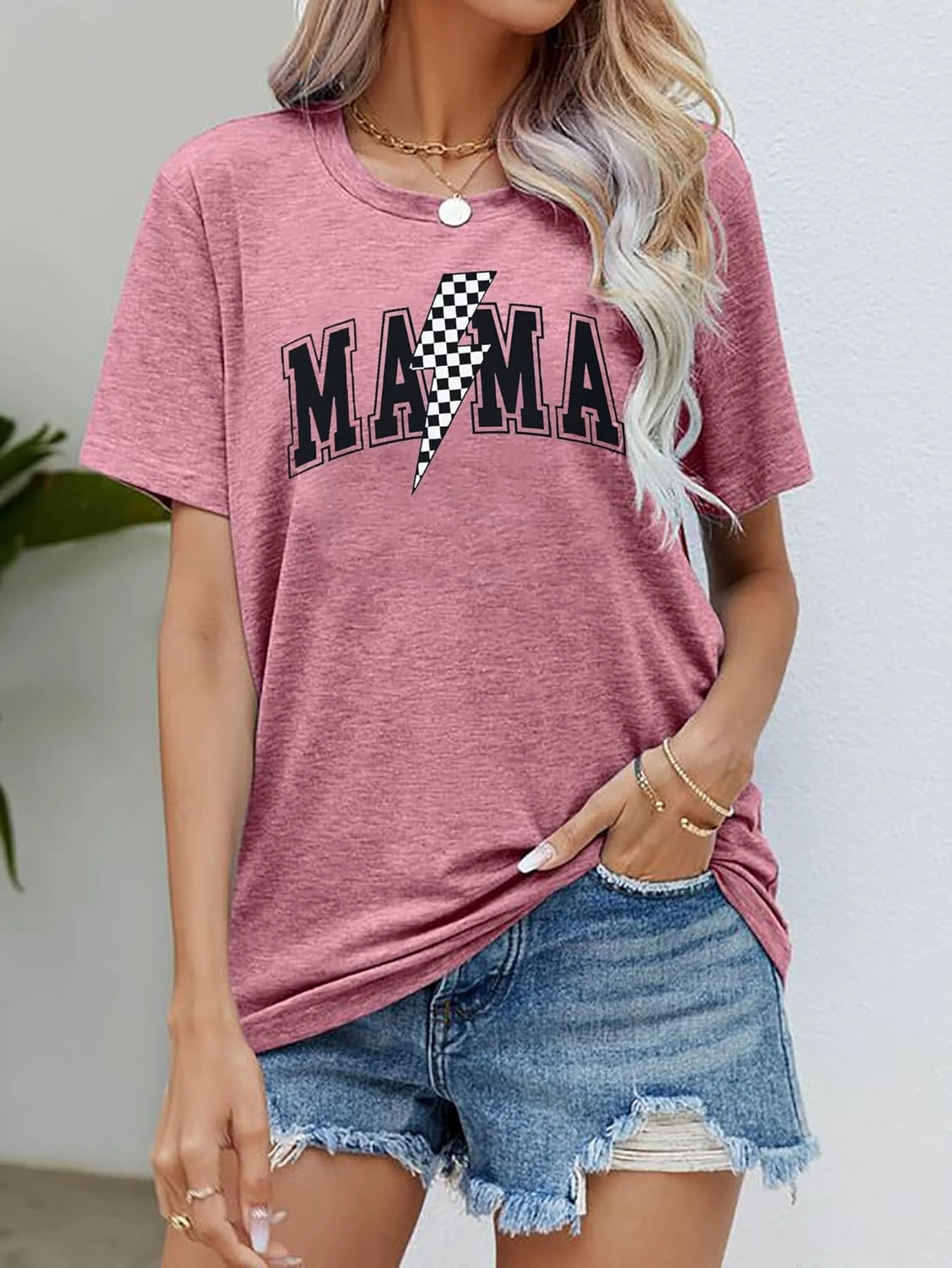 Women Mama Shirt Funny Mom Letter Printed T-Shirt Retro Mama Checkered Graphic T Shirt Casual Short Sleeve Tee Top