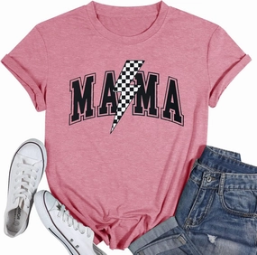 Women Mama Shirt Funny Mom Letter Printed T-Shirt Retro Mama Checkered Graphic T Shirt Casual Short Sleeve Tee Top