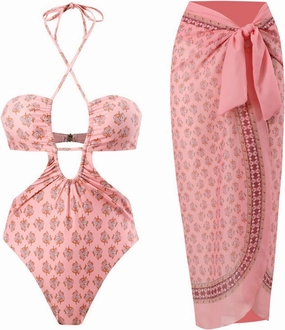 Women One Piece Swimsuit with Matching Cover Ups Floral Sexy Bikini Sets High Cut Push Up Two Pieces Bathing Suit
