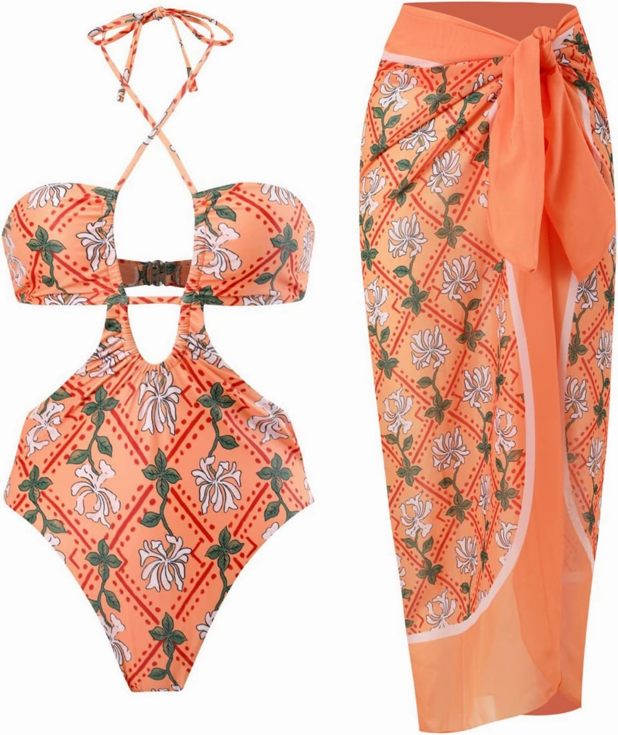 Women One Piece Swimsuit with Matching Cover Ups Floral Sexy Bikini Sets High Cut Push Up Two Pieces Bathing Suit
