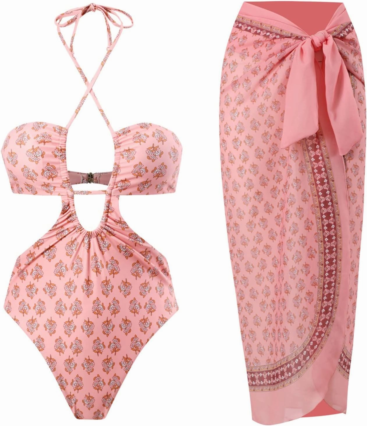 Women One Piece Swimsuit with Matching Cover Ups Floral Sexy Bikini Sets High Cut Push Up Two Pieces Bathing Suit