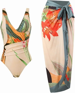 Women One Piece Swimsuit with Matching Cover Ups Floral Sexy Bikini Sets High Cut Push Up Two Pieces Bathing Suit