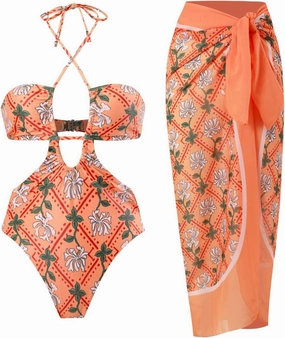 Women One Piece Swimsuit with Matching Cover Ups Floral Sexy Bikini Sets High Cut Push Up Two Pieces Bathing Suit