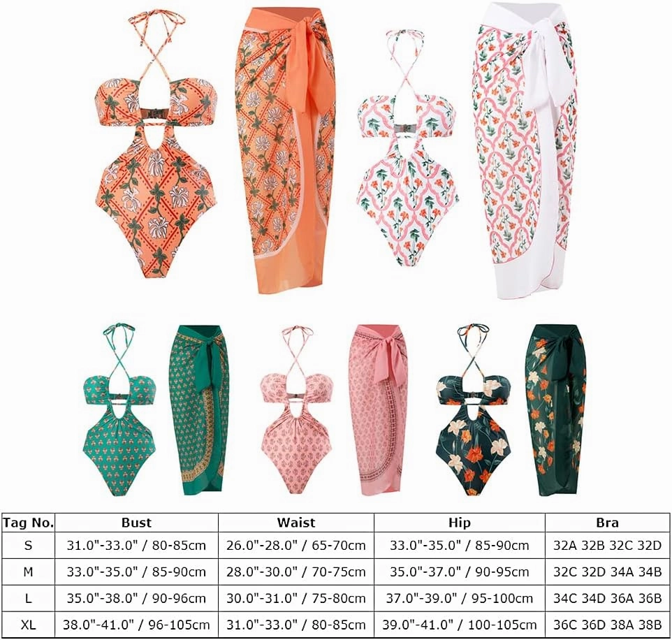 Women One Piece Swimsuit with Matching Cover Ups Floral Sexy Bikini Sets High Cut Push Up Two Pieces Bathing Suit