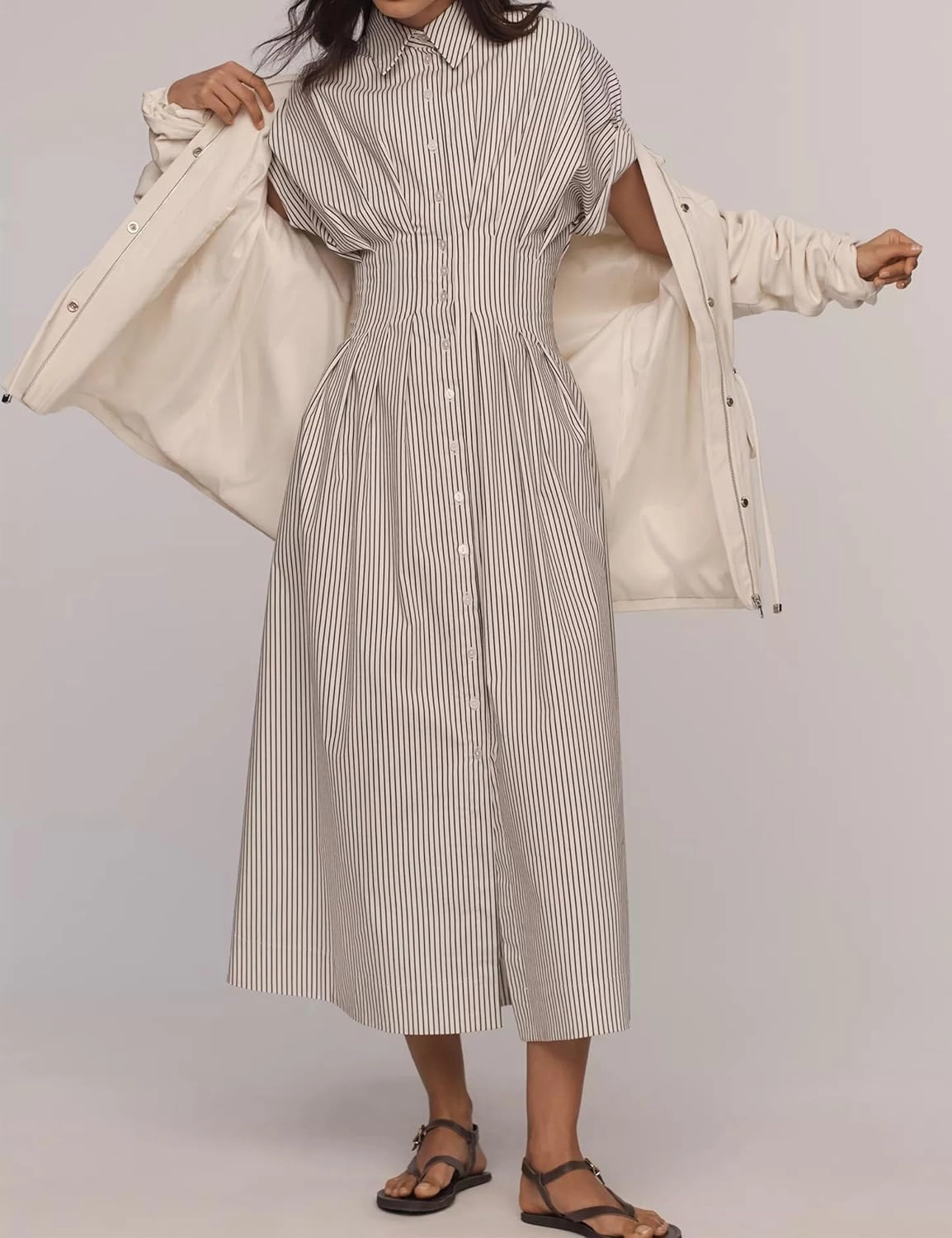 Women’s Button Front Pleated Shirt Maxi Dress Short Sleeve Collar Striped Summer Casual Long Swing Blouse Dress
