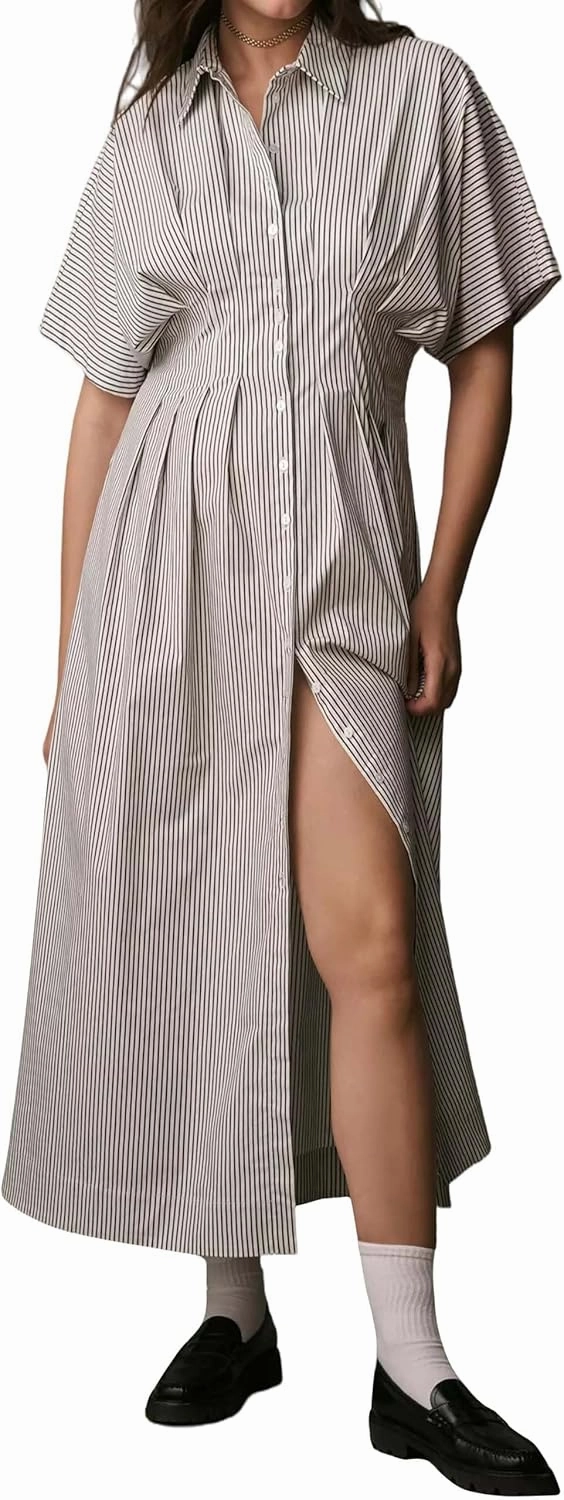 Women’s Button Front Pleated Shirt Maxi Dress Short Sleeve Collar Striped Summer Casual Long Swing Blouse Dress