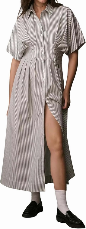 Women’s Button Front Pleated Shirt Maxi Dress Short Sleeve Collar Striped Summer Casual Long Swing Blouse Dress