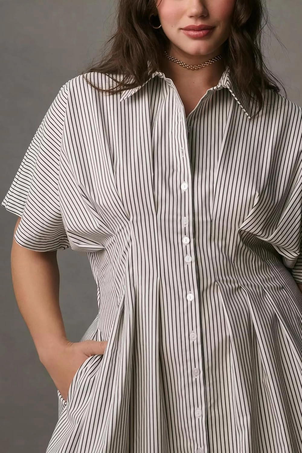 Women’s Button Front Pleated Shirt Maxi Dress Short Sleeve Collar Striped Summer Casual Long Swing Blouse Dress