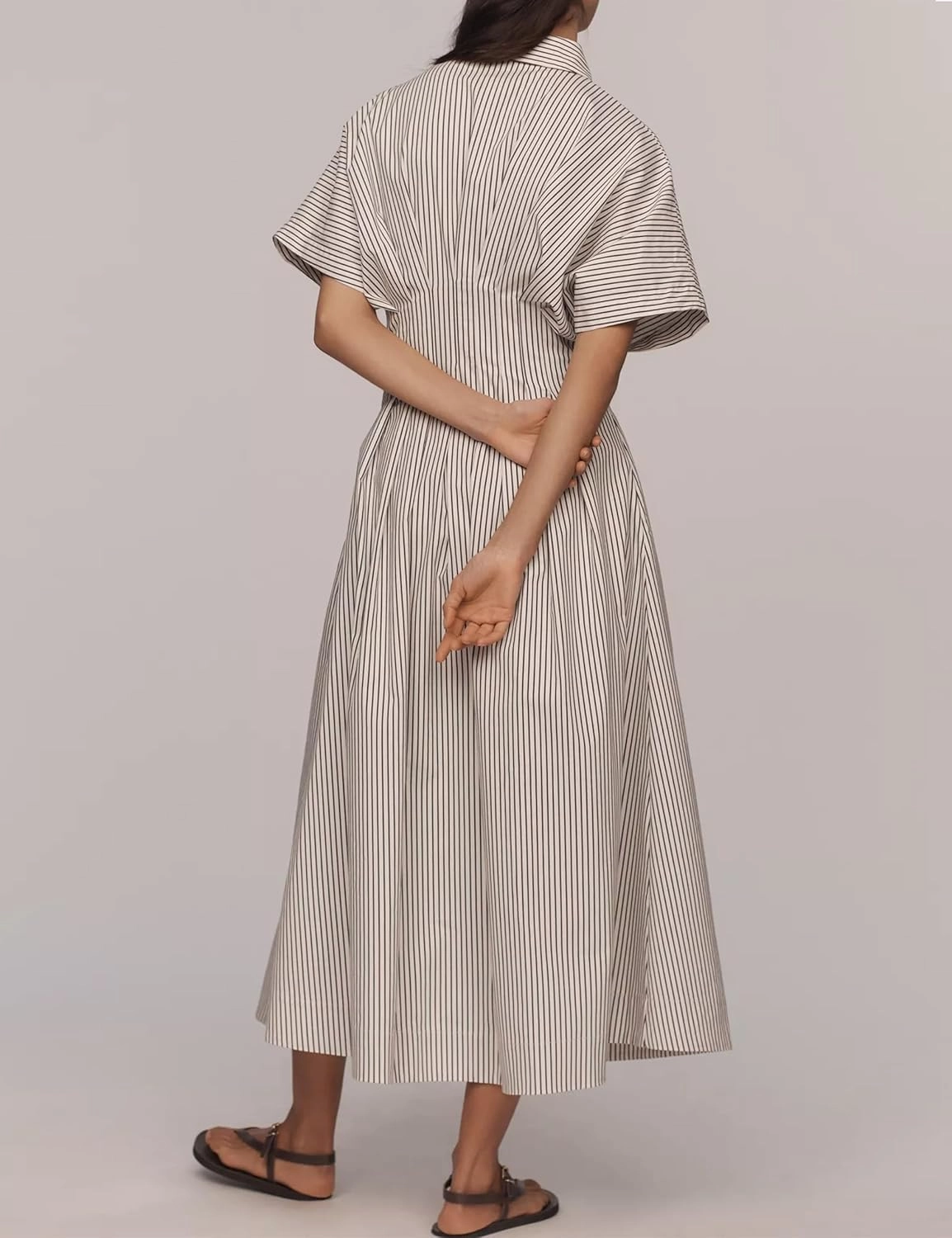 Women’s Button Front Pleated Shirt Maxi Dress Short Sleeve Collar Striped Summer Casual Long Swing Blouse Dress