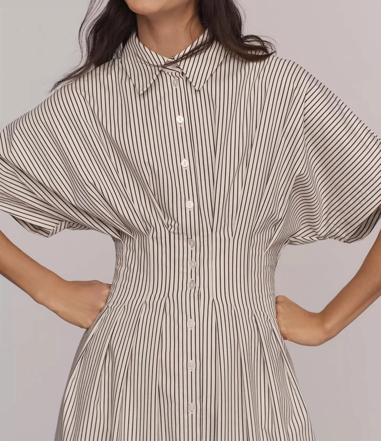 Women’s Button Front Pleated Shirt Maxi Dress Short Sleeve Collar Striped Summer Casual Long Swing Blouse Dress