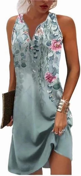 Women's Flower Print Single-Breasted A-Line Dresses Sexy Sleeveless V-Neck Dress Casual Loose Beach Sundress