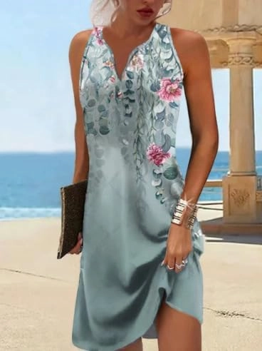 Women's Flower Print Single-Breasted A-Line Dresses Sexy Sleeveless V-Neck Dress Casual Loose Beach Sundress